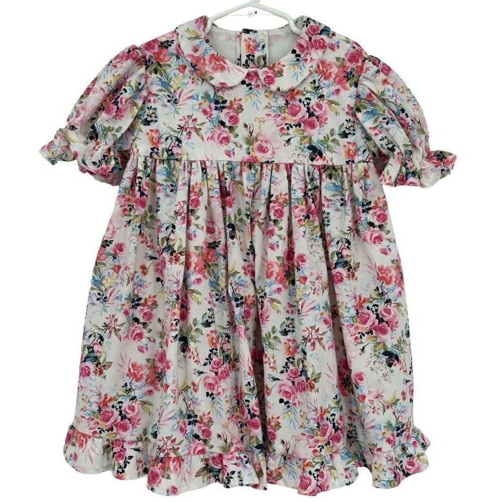 Handmade Girls Pink Floral Rose Dress With‎ Matching Hairbow & Headband